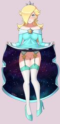 blonde_hair blue_eyes blush clothed garter_belt looking_at_viewer mario_(series) nintendo no_panties princess_rosalina pussy sarukaiwolf skirt_lift smile solo stockings super_mario_galaxy upskirt