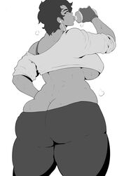 1girls after_workout ass ass_cleavage back big_ass big_breasts big_butt black_hair borrowed_character breasts busty butt butt_crack chubby clothing crop_top curvy dark-skinned_female dark_skin donaught drinking earbuds eyelashes female female_only fingerless_gloves from_behind fully_clothed gloves greyscale highres huge_ass huge_breasts huge_butt large_ass large_breasts line_art lineart lips lowleg lowleg_pants mature_female milf monochrome off_shoulder original original_character sexually_suggestive short_hair solo standing steam steaming_body steamy sweat sweatdrop sweating sweaty thick_thighs tight_clothing underboob voluptuous white_background wide_hips workout_clothes yoga_pants