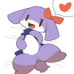 1:1 accessory bed bottomless cave_story chaco_(cave_story) chibi clothed clothing clothing_lift crepix female flat_chested fur hair_accessory hair_ribbon hairbow heart lagomorph long_ears looking_at_viewer lying mammal mimiga nipples on_back on_bed open_mouth presenting presenting_pussy purple_fur pussy ribbons semi-anthro shirt shirt_lift smile solo spread_legs spreading topwear video_games white_fur