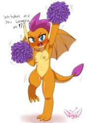 1girls 2019 3_toes absurd_res anthro arm_up armpits big_eyes blue_eyes blush cheerleader dragon dragoness embarrassed eye_contact fangs feet female flat_chested friendship_is_magic hi_res horn jeglegator looking_at_viewer my_little_pony nipples nude open_mouth orange_skin pom_poms pose purple_hair pussy scalie simple_background small_breasts smolder_(mlp) solo standing tail teeth text thick_thighs thigh_gap tongue watermark wide_hips wings