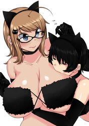 2girls animal_ears bare_shoulders bespectacled big_breasts bikini bikini_top black-framed_glasses black_hair blonde_hair blue_eyes breast_biting breast_smother breasts brown_hair cat_ears cat_hair_ornament choker cleavage dirty_blonde_hair ear_piercing elbow_gloves eyebrows_visible_through_hair full_cleavage glasses gloves hair_between_eyes hair_ornament hug huge_breasts hugging komusou_(jinrikisha) long_hair mole mole_under_eye ooba_minori short_hair simple_background skindentation startled surprised sweatdrop swimsuit underboob white_background yuri