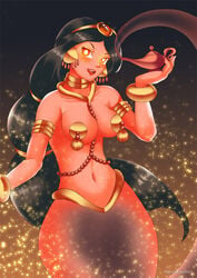 1girls :p aladdin arabian_clothes armband big_breasts black_hair blush bracelet breasts cleavage collar dark-skinned_female dark_skin disney disney_princess earrings eyebrows eyelashes female female_only genie genie_girl hair harem_outfit haryu_(artist) haryudanto huge_breasts hypnosis jafar_harem_outfit jewelry large_breasts lips lipstick long_hair looking_at_viewer lots_of_jewelry magic_lamp mind_control navel necklace open_mouth princess_jasmine solo tassel tassels tongue tongue_out transformation very_long_hair