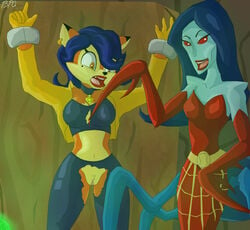 2girls anthro blood bpq00x carmelita_fox cutting exposed_pussy female_fox fox multiple_girls navel sly_cooper_(series) smooth_fur spider_humanoid the_contessa torn_clothes wardrobe_malfunction