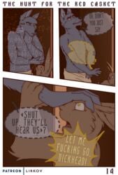 2019 anthro canid canine canis clothed clothing comic digital_media_(artwork) duo english_text fur hare hi_res lagomorph leporid lirkov male male_only mammal nude open_mouth page_19 page_number text the_hunt_for_the_red_casket wolf