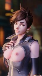 1girls 3d alternate_costume areolae batyastudio blender blizzard_entertainment breasts british brown_eyes brown_hair european eyeliner eyeshadow female female_only freckles fringe looking_at_viewer medium_breasts nipples overwatch pale-skinned_female petite rose_tracer seductive_eyes seductive_look seductive_smile short_hair slim solo spiky_hair tracer yellow_eyes