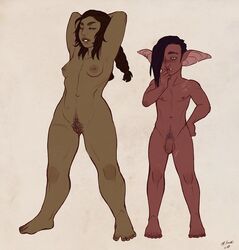 1boy 1girls anoki balls breasts casual dark-skinned_female dark_skin dwarf dwarf_female female goblin goblin_male male male_and_female_focus nipples nonsexual_nudity nude penis pierced_nipples pointy_ears pubic_hair pussy red_skin scars smaller_male testicles uncensored uncut