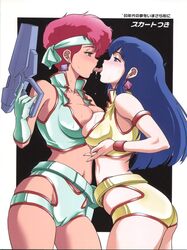 2010 2girls ass blue_hair blush breasts cameltoe cleavage crop_top curvaceous dark-skinned_female dark_skin dirty_pair duo female french_kissing gun hanging_breasts headband human kei_(dirty_pair) keso kiss large_breasts lesbian long_hair pale-skinned_female pale_skin red_hair short_hair shorts tagme thick_thighs tomboy tongue_kiss wide_hips yuri yuri_(dirty_pair)