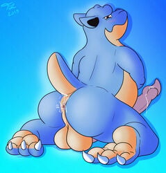 10s 1boy 2019 3_toes anthro anthrofied anus ass barefoot big_ass big_belly big_penis big_testicles blastoise blue_background blue_skin blush bodily_fluids brown_eyes chubby claws cum cum_in_ass cum_inside erection feet fol gaping gaping_anus genital_fluids hi_res hindpaw kneeling looking_back male male_only nintendo original_character overweight overweight_male paws penis pokémon_(species) pokemon pokemon_rgby reptile scalie simple_background smile soles solo tail testicles text thick_thighs toe_claws toes turtle uni999 video_games watermark wide_hips