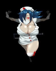 1girls bandage bandage_over_one_eye black_background blue_hair breasts cleavage dress eyepatch foreshortening gloves hair_over_one_eye hat huge_breasts large_breasts mask ml nurse nurse_cap ponytail red_eyes saw scalpel short_dress simple_background skullgirls solo surgical_mask symbol-shaped_pupils valentine_(skullgirls) white_gloves