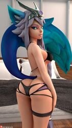 1girls 3d ass bed big_ass blue_eyes blue_tail breasts female fox_ears fox_tail geckoscave io_(paladins) medium_breasts navel paladins solo tail white_hair