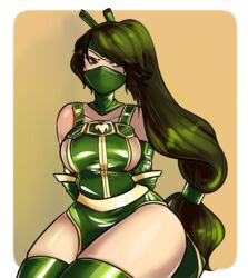 1girls akali bondage clothed clothing female female_only green_eyes green_hair latex league_of_legends looking_away mask masked simple_background sitting solo srasomeone thick_thighs thighs tied_hair