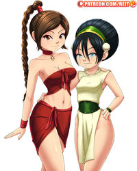 2girls arm_around_shoulders arm_around_waist armpits athletic avatar_the_last_airbender bare_shoulders black_hair blind blue_eyes braid braided_hair brown_eyes brown_hair busty choker cleavage clothed clothing dress duo embrace exposed_butt female_only friends hair_bun hairband hand_on_hip hourglass_figure looking_at_viewer medium_breasts midriff navel patreon reit revealing_clothes short_hair size_difference skirt small_breasts smile thin_waist toph_bei_fong ty_lee wristbands