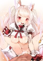 1boy 1girls absurdres animal_ear_fluff animal_ears areolae azur_lane bangs black_sailor_collar blush braid breasts claw_pose clothed_female_nude_male collar cowgirl_position crop_top cum cum_in_pussy cum_inside dog_ears ejaculation eyebrows_visible_through_hair fangs female fingerless_gloves fingernails gloves hand_on_another's_chest harigane_shinshi highres large_breasts light-skinned_female light-skinned_male light_skin long_hair male male_pov motion_lines navel neck_ribbon nipples nude open_mouth pov puffy_short_sleeves puffy_sleeves pussy red_collar red_eyes red_ribbon ribbon sailor_collar sakura_empire_(azur_lane) sex sharp_fingernails sharp_teeth short_sleeves sidelocks silver_hair single_braid slit_pupils smile stomach straddling straight sweat teeth thick_eyebrows thighs tongue two_side_up vaginal_penetration white_legwear yuudachi_(azur_lane)