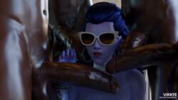 1girls 3d 4boys alternate_costume balls blender blue_skin cote_d'azur_widowmaker dark-skinned_male dark_skin faceless_male hoop_earrings human human_only interracial multiple_boys multiple_penises overwatch penis sunglasses surrounded surrounded_by_penises vekkte widowmaker