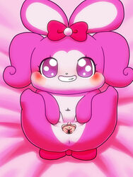 3:4 anthro anus bed_sheet bedding biped blush clitoris cocotama female fur hirake!_cocotama mammal nude pink_fur presenting presenting_pussy purple_eyes pussy ribbon_(cocotama) ribbons semi-anthro solo spreading 九尾