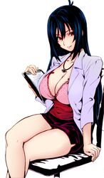 arm_support bangs big_breasts blouse blue_hair breasts brown_hair chair cleavage clipboard coat crossed_legs female hair_between_eyes jewelry large_breasts legs maken-ki! miniskirt necklace nijou_aki panties pantyshot pantyshot_(sitting) sitting skirt smile takeda_hiromitsu thighs underwear