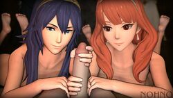 1boy 2girls 3d animated anthiese_lima blue_eyes blue_hair celica_(fire_emblem) eye_contact feet female fire_emblem fire_emblem_awakening fire_emblem_echoes:_shadows_of_valentia fire_emblem_gaiden handjob holding_penis long_hair looking_at_viewer lucina_(fire_emblem) male_pov naked nintendo no_sound nohno pov red_hair smile source_filmmaker tagme twin_handjob video