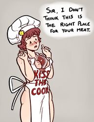 amelia_bedelia apron busty casual chef_hat cleavage clothing cooking female food_between_breasts headwear human humor maid meat naked_apron outerwear pale_skin pixxxel short_hair speech_bubble tagme thick_thighs wide_hips