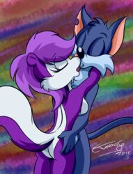 anthro ass breasts butt_grab closed_eyes domestic_cat duo embrace felid feline felis female fifi_la_fume furrball furry hair hand_on_butt juanomorfo kissing male mammal mephitid nude open_mouth skunk straight tiny_toon_adventures warner_brothers