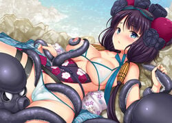 akino_hamo areolae bangs bare_shoulders beach bikini blue_eyes blush breasts collarbone commentary_request eyebrows_visible_through_hair fate/grand_order fate_(series) female floral_print flower hair_between_eyes hair_bun hair_flower hair_ornament hair_ribbon hairpin japanese_clothes katsushika_hokusai_(fate) large_breasts long_hair looking_at_viewer lying navel nipples obi octopus on_back open_mouth purple_hair restrained ribbon sash string_bikini sweat swimsuit tentacle thigh_strap water wet