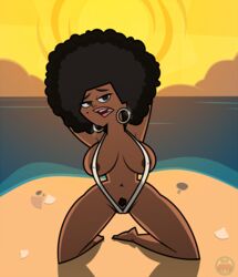 1girls accurate_art_style afro areolae beach big_breasts black_hair breasts busty dark-skinned_female dark_skin earrings elinor_the_witch ellissummer female female_only hoop_earrings hornyhobbit huge_breasts large_breasts leshawna_(tdi) mother-of-trolls on_knees pose posing pubic_hair pussy sling_bikini slingshot_swimsuit solo sunset thick_thighs total_drama_island