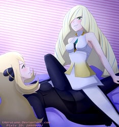 2girls aether_foundation blonde_hair blush breasts clothed_sex competition cynthia_(pokemon) female female_only green_eyes iharuluna_(artist) long_hair lusamine_(pokemon) lying milf nintendo nipples pokemon pokemon_dppt pokemon_sm pokemon_usm silver_eyes smirk straddling tight_clothing tribadism tribadism_through_clothing yuri