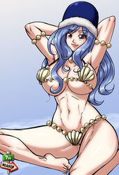 1girls 7th-heaven abs alternate_breast_size armpits arms_behind_head arms_up ass barefoot belly big_ass big_breasts bikini blue_hair breasts brown_eyes cleavage clothing eye_contact eyelashes fairy_tail feet female female_only hair hat huge_breasts juvia_lockser large_ass large_breasts long_hair looking_at_viewer midriff navel pose posing seashell shell shell_bikini sideboob sitting smile solo text thick_thighs toes underboob watermark wide_hips