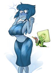 2girls :3 arms_up big_areola big_breasts big_nipples blue_dress blue_eyes blue_hair blue_skin blush blushmallet breasts dark_areola dark_nipples dress embarrassed erect_nipples erect_nipples_under_clothes female female_only green_skin half-closed_eyes head_tilt lapis_lazuli_(steven_universe) large_breasts midriff nipple_bulge nipples peridot_(steven_universe) see-through short_hair simple_background steven_universe thighs water water_gun wet wet_clothes wide_hips yellow_hair yuri