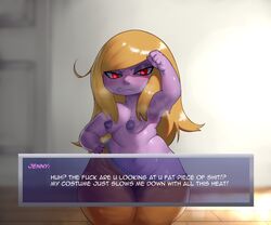 blonde_hair breasts dialogue english_text female forastero instant_loss_2koma ittle_dew_(series) jenny_fox ludosity nipples purple_skin rude shortstack sweat text