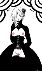 anoki black_and_white bottomless breasts dress female pussy thighhighs topless