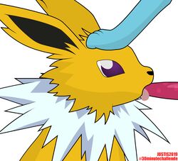 1boy 2019 ambiguous_gender animated blue_skin digital_media_(artwork) eeveelution feral_on_feral feral_only fur jolteon justis male mammal nintendo penis pokémon_(species) pokemon pokemon_(species) pokemon_rgby purple_eyes simple_background sucking text vaporeon video_games watermark yellow_fur