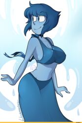 1girls alternate_breast_size bare_shoulders big_breasts blue_dress blue_eyes blue_hair blue_skin blushmallet breasts dress erect_nipples erect_nipples_under_clothes female female_only lapis_lazuli_(steven_universe) large_breasts looking_away midriff nipple_bulge short_hair simple_background skindentation smile solo steven_universe water wide_hips wings