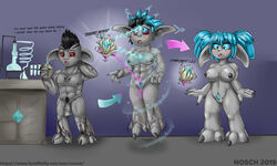 2019 absurd_res asura blue_hair blue_sclera blush breast_growth breasts dialogue english_text female flaccid freckles gender_transformation guild_wars hair hi_res humanoid laboratory male mtf_transformation muscular nipples nosch nude open_mouth penis pubes pussy red_sclera sequence solo standing surprise text transformation video_games