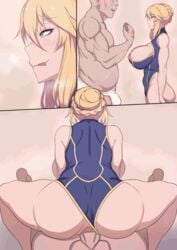 1boy 1girls amazon_position amazonian_mating_press animated animated_image areolae artoria_pendragon artoria_pendragon_(lancer) ass bald big_balls big_penis blonde_female blonde_hair blush bodysuit bouncing_ass braid breasts clothed_female_nude_male curvaceous fat_man fate/grand_order fate_(series) female gradient_background green_eyes half-closed_eyes highres instant_loss_2koma large_ass large_breasts leotard long_hair looking_at_another male metal_owl naughty_face nipples on_top open_clothes overweight_male seductive seductive_smile sex simple_background smile straddling thick_thighs thighs tied_hair toned tongue tongue_out underwear vaginal_penetration wide_hips