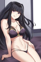 1girls arm_support aslindsamure black_hair female fire_emblem fire_emblem_awakening lingerie nintendo purple_eyes sitting sitting_on_bed solo tharja_(fire_emblem) tongue_out