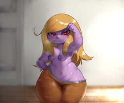 blonde_hair breasts female forastero humanoid instant_loss_2koma ittle_dew_(series) jenny_fox nipples purple_skin shortstack sweat