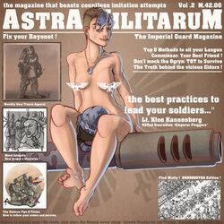 army army_gals barefoot breasts casual censored completely_naked completely_nude dog_tags feet female female_only firearm human imperial_guard lordcarmi magazine_cover nude pale_skin pinup rifle short_hair smile soldier soles tank toes warhammer_(franchise) warhammer_40k weapon