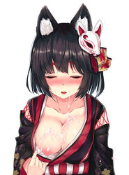 1girls animal_ear_fluff animal_ears azur_lane bangs black_hair black_kimono blunt_bangs blush breasts cat_ears cat_mask closed_eyes collarbone cum cum_on_body cum_on_breasts cum_on_upper_body facial female female_only fox_mask hair_ornament highres japanese_clothes karo-chan kimono kimono_pull large_breasts light-skinned_female light_skin looking_at_viewer mask mask_on_head medium_hair nipples no_bra oerba_yun_fang one_breast_out print_kimono sakura_empire_(azur_lane) shiny shiny_hair solo straight_hair thick_eyebrows upper_body white_background wide_sleeves yamashiro_(azur_lane)