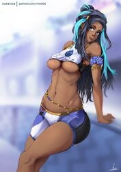 1girls abs alternate_breast_size ass blue_eyes blue_hair breasts clothed clothing dark-skinned_female dark_skin earrings eye_contact female female_only hair looking_at_viewer midriff mwood nessa_(pokemon) nintendo patreon pokemon pokemon_ss ribs shirt shorts solo sportswear text underboob url video_games watermark wide_hips