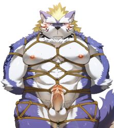 1boy abs alternate_pectoral_size animal_ears anthro arms_behind_back balls bara blonde_hair blue_fur blush canid canine chest_hair completely_nude erection feet_out_of_frame fenrir_(tokyo_afterschool_summoners) fluffy foreskin furry furry_male humanoid_penis large_pectorals looking_at_viewer male male_focus male_only mammal mohawk muscular muscular_male nipples nude pectoral_press pectorals penis precum rope rossciaco shibaro skindentation solo stomach thick_eyebrows thick_thighs thighs tokyo_afterschool_summoners two-tone_fur uncensored uncut video_games white_fur wolf_boy wolf_ears