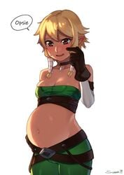 1girls bare_midriff belly big_belly blonde_hair blush brown_eyes choker cleavage clothed collarbone colored dark-skinned_female dark_skin elf female gloves hand_on_belly looking_at_belly looking_at_self navel nil_sunna_(nilsunna) nilsunna original_character pointy_ears pregnant ready_to_pop scratching short_hair slim small_breasts speech_bubble standing sweatdrop tagme