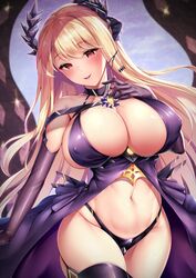 1girls azur_lane bangs black_gloves black_panties blonde_hair blush breasts choker cleavage elbow_gloves female female_only gloves hair_between_eyes hand_on_own_chest highleg highleg_panties huge_breasts laurel_crown long_hair looking_at_viewer navel nipple_bulge open_mouth panties red_eyes skindentation smile solo thighs very_long_hair victorious_(azur_lane)