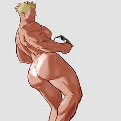 1boy ass back back_muscles back_view bara beefy big_ass big_breasts blonde_hair blue_eyes bubble_ass bubble_butt butt butt_crack completely_nude dat_ass dizdoodz eye_contact eyewear_removed feet_out_of_frame from_behind grin half-closed_eyes highres huge_ass huge_butt huge_muscles huge_pecs huge_thighs human large_pectorals looking_at_viewer looking_back lt_surge male male_nipples male_only masculine mature_male moobs muscles muscular_male nintendo nude_male pecs pectorals pokemon pokemon_(game) pokemon_frlg pokemon_masters pokemon_rgby pose presenting presenting_ass presenting_butt short_hair sideboob sidepec simple_background smile smirk smooth_skinned_male solo spiked_hair sunglasses tan tanline tanlines teeth thick_ass thick_thighs thighs