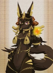 2019 anthro anubis breasts brown_fur canid canine deity dragoon86 egyptian_mythology female fire fox fur horn kemono magic mammal middle_eastern_mythology mythology nipples purple_eyes pussy solo