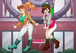 2girls blush bondage boots brown_hair cameltoe clothed clothes_stuck_on_object clothing curvy eyewear_on_head female female_only femsub gloria_(pokemon) green_panties hanging_wedgie hat heel_boots high_heel_boots human human_only kahix multiple_girls multiple_subs nintendo one_eye_closed orange_hair panties pink_panties pokemon pokemon_ss skirt skirt_lift sonia_(pokemon) sunglasses_on_head thighs wedgie