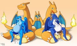 4boys anal anal_sex anthro anthrofied big_belly big_dom_small_sub big_testicles blue_skin bodily_fluids charizard chubby cum cum_belly cum_from_mouth cum_in_ass cum_in_mouth cum_inflation cum_inside cum_on_ground cum_through cum_while_penetrated dragon erection excessive_cum eye_contact fire firondraak fist_bump flaming_tail foursome gay genital_fluids gesture group group_sex horn humanoid_penis impious inflation knot larger_male male male_only membrane_(anatomy) membranous_wings nintendo no_nipples nude open_mouth orange_skin original_character parallel_sex penetration penis pokémon_(species) pokemon pokemon_(species) pokemon_rgby scalie sex simple_background sitting size_difference smaller_male smile stomach_bulge tabra tapering_penis testicles text thick_thighs video_games watermark white_balls wide_hips wings yaoi yellow_balls