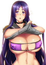 1girls abs alternate_breast_size bangs bikini blush breasts choker cleavage clothed eye_contact eyepatch_bikini fate/grand_order fate_(series) half-closed_eyes huge_breasts long_hair looking_at_viewer megatama minamoto_no_raikou_(fate/grand_order) navel open_mouth parted_bangs parted_lips purple_bikini purple_eyes purple_hair school_uniform serafuku shirt shirt_lift sideboob swimsuit underboob undressing