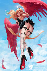 1girls angel angel_wings ass blonde_hair blue_eyes bow breasts cleavage clothing cupid curvy feathered_wings feathers female female_only hair high_heels long_hair panties prywinko red_wings solo thighhighs wings