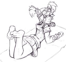 bare_ass barefoot borderlands borderlands_2 feet feet_together feet_up gaige_(borderlands) laying_down laying_on_stomach monochrome reliusmax sketch skirt soles toes