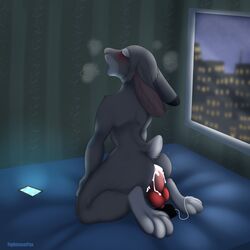 1:1 apartment bedroom blush bodily_fluids breath city cum cumlube dildo disney female fightmeatpax fur genital_fluids grey_fur hi_res judy_hopps lagomorph leporid lube mammal masturbation night panting phone rabbit sex_toy zootopia